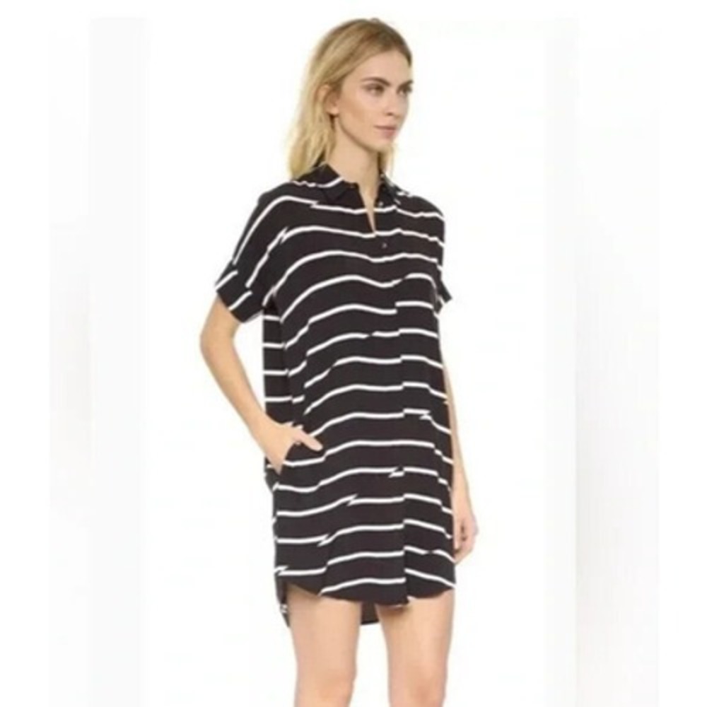 Madewell Striped Mini Shirt Dress XS Black White Viscose Pockets Nautical Preppy